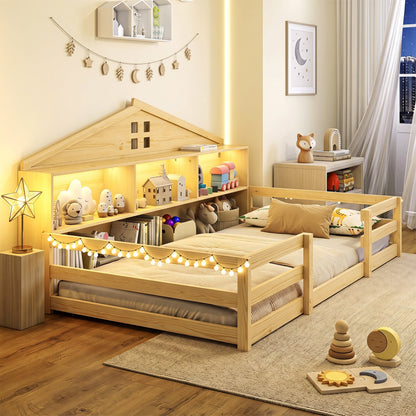 DirectDeals Twin Montessori floor bed frame with storage and LED lights in natural wood on Tampa Home & Garden Store