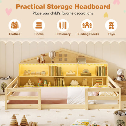 Twin Montessori floor bed with storage and LED lights DirectDeals, natural wood frame on Tampa Home & Garden Store