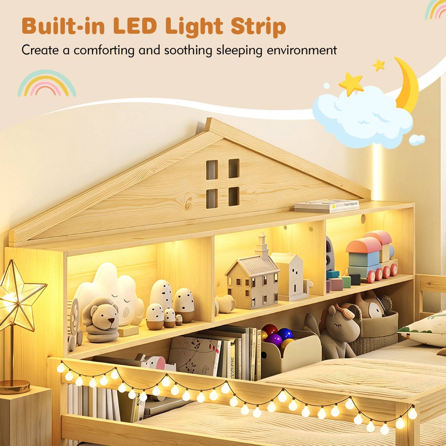Twin Montessori Floor Bed with Storage and LED Lights in natural wood DirectDeals bed frame on Tampa Home & Garden Store