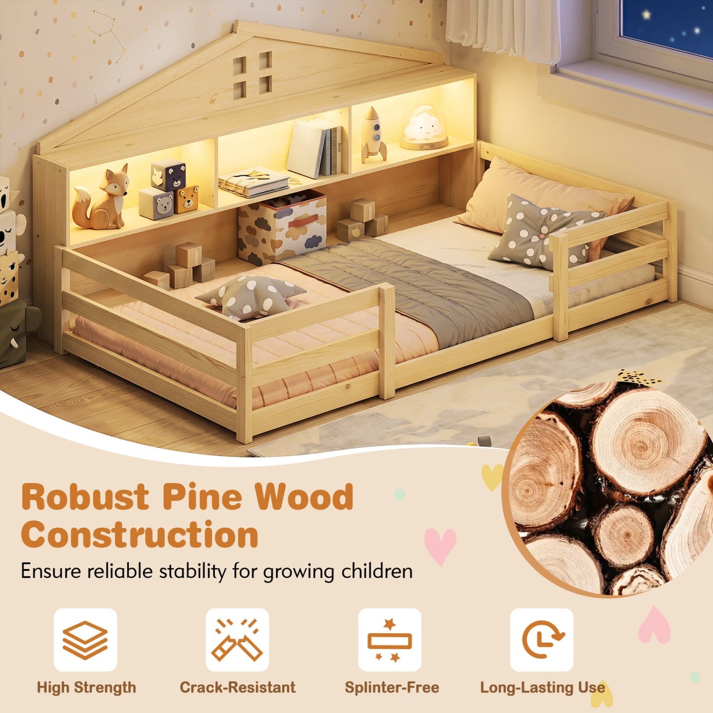 Twin Montessori Floor Bed with Storage and LED Lights, DirectDeals, light pine frame on Tampa Home & Garden Store