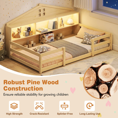 Twin Montessori Floor Bed with Storage and LED Lights, DirectDeals, light pine frame on Tampa Home & Garden Store