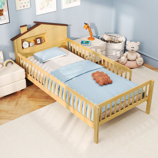 Twin Size Kids Montessori Bed with House-Shaped Headboard and Built-in Storage Shelf-Natural - Tampa Home & Garden Store
