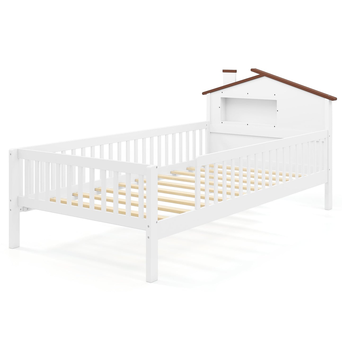 Cama Montessori para Niños Tamaño Twin con Cabecero en Forma de Casa y Estante de Almacenamiento Incorporado - Natural