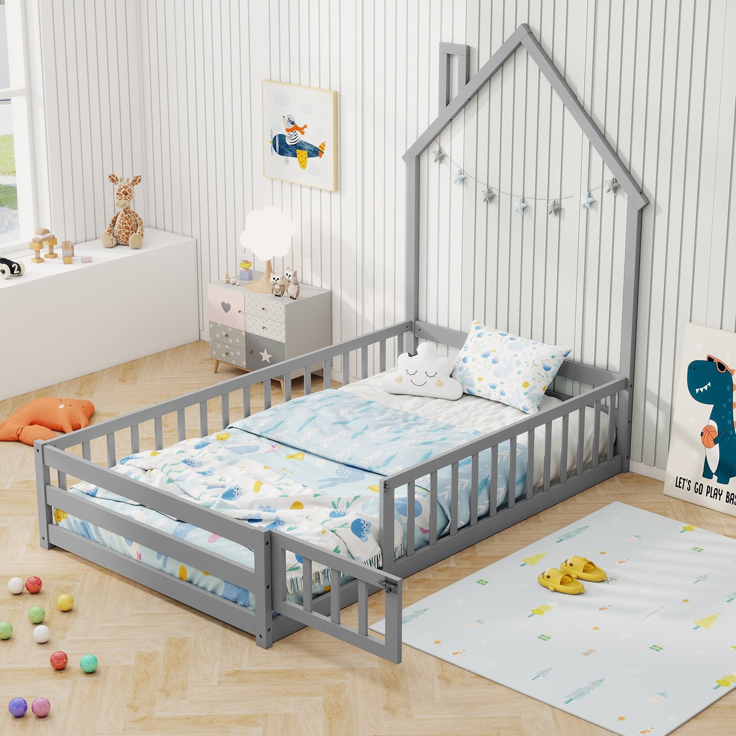 Twin Size Montessori Floor Bed with Lockable Door and Full-Length Guardrail