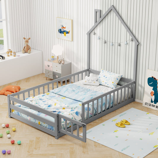 Twin Size Montessori Floor Bed with Lockable Door and Full-Length Guardrail - Tampa Home & Garden Store