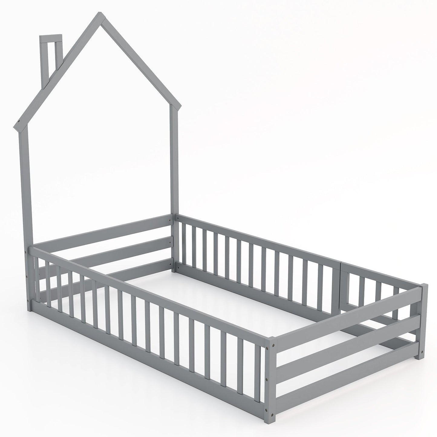 Twin Size Montessori Floor Bed with Lockable Door and Full-Length Guardrail