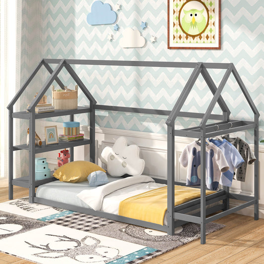 Twin Size Montessori Floor House Bed with Detachable Storage Shelves - Tampa Home & Garden Store