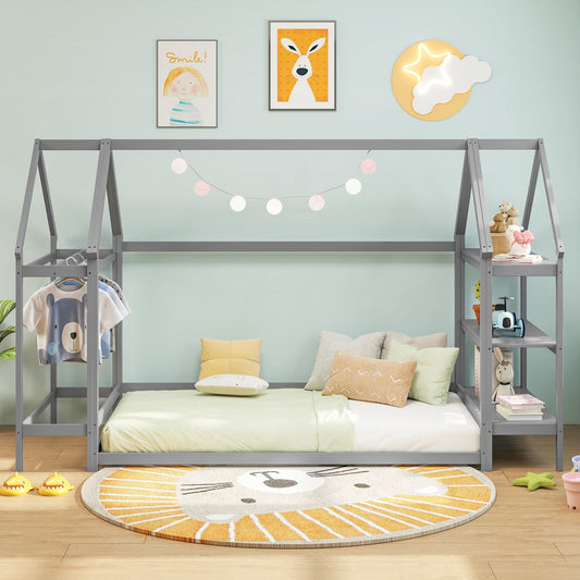 Twin Size Montessori Floor House Bed with Detachable Storage Shelves - Tampa Home & Garden Store
