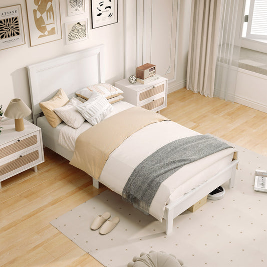 Twin Size Wooden Bed Frame with Headboard and Slat Support-White - Tampa Home & Garden Store