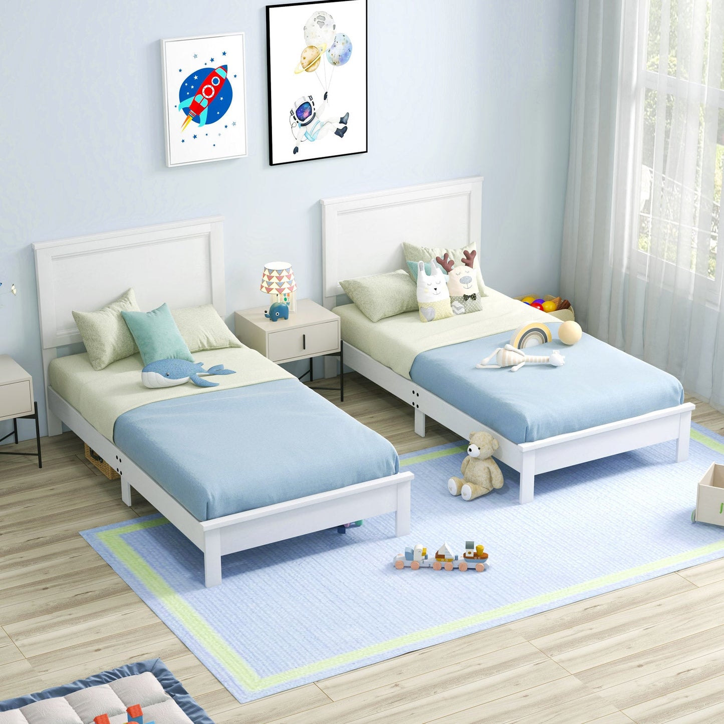 Base de Cama Doble de Madera con Cabecero y Soporte de Lamas-Blanco