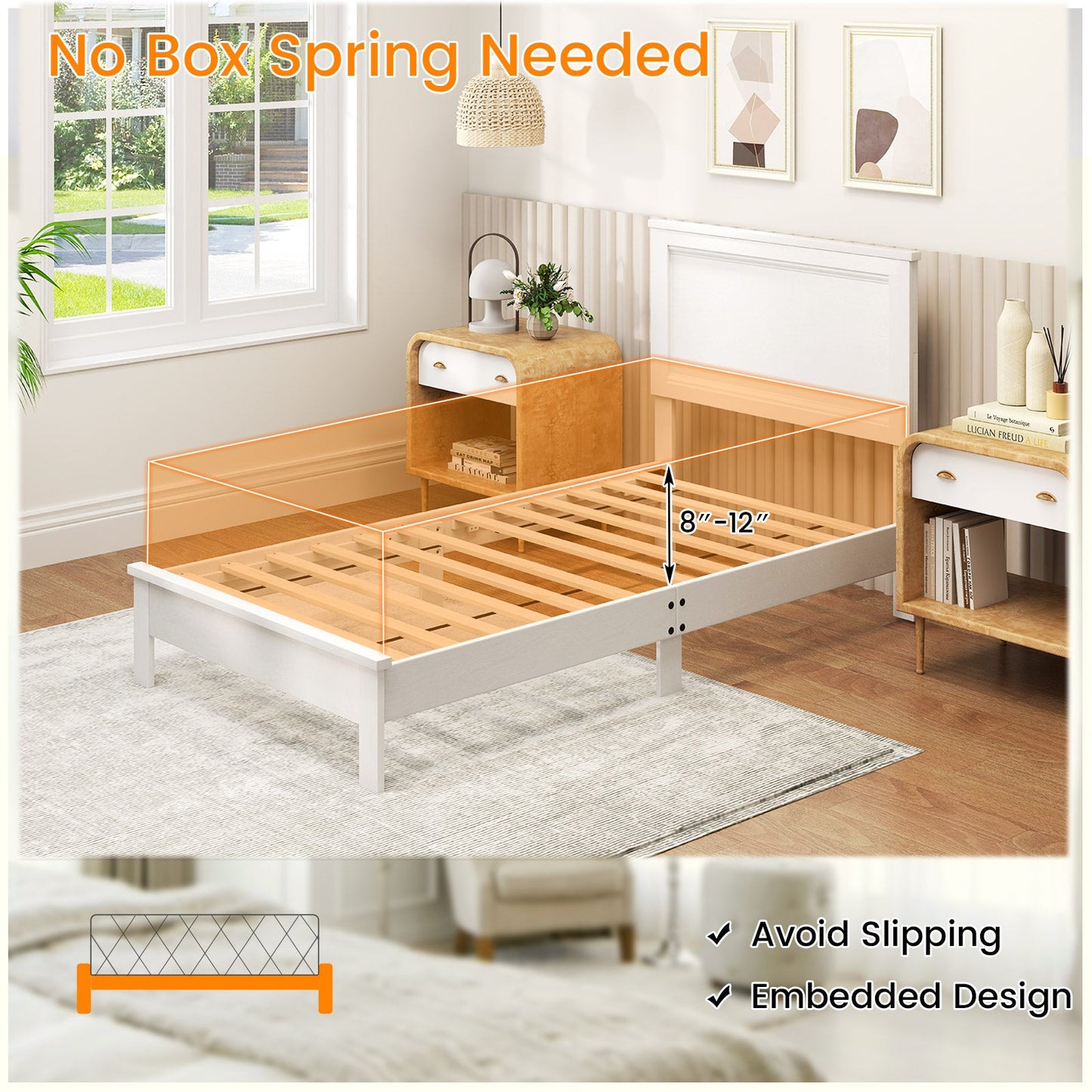 Base de Cama Doble de Madera con Cabecero y Soporte de Lamas-Blanco