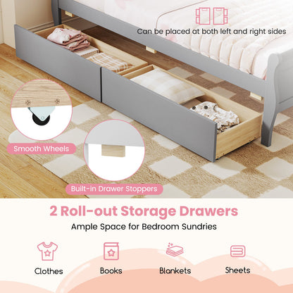 Twin Size Sleigh Bed with 2 Storage Drawers Wood Platform Bed Frame