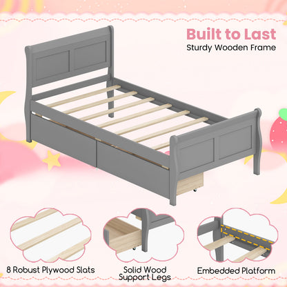 Twin Size Sleigh Bed with 2 Storage Drawers Wood Platform Bed Frame