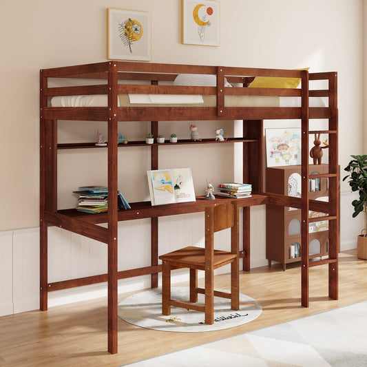 Twin Size Solid Wood Slatted Loft Bed Frame with Safety Guardrail for Kid-Brown - Tampa Home & Garden Store