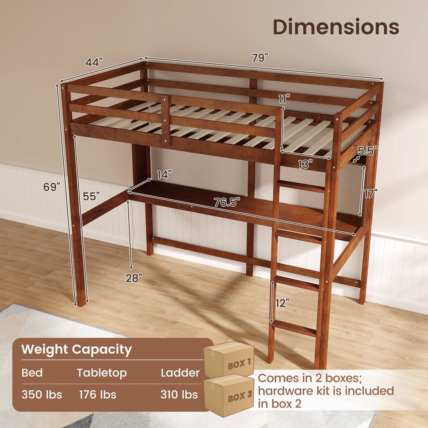 Twin Size Solid Wood Slatted Loft Bed Frame with Safety Guardrail for Kid-Brown