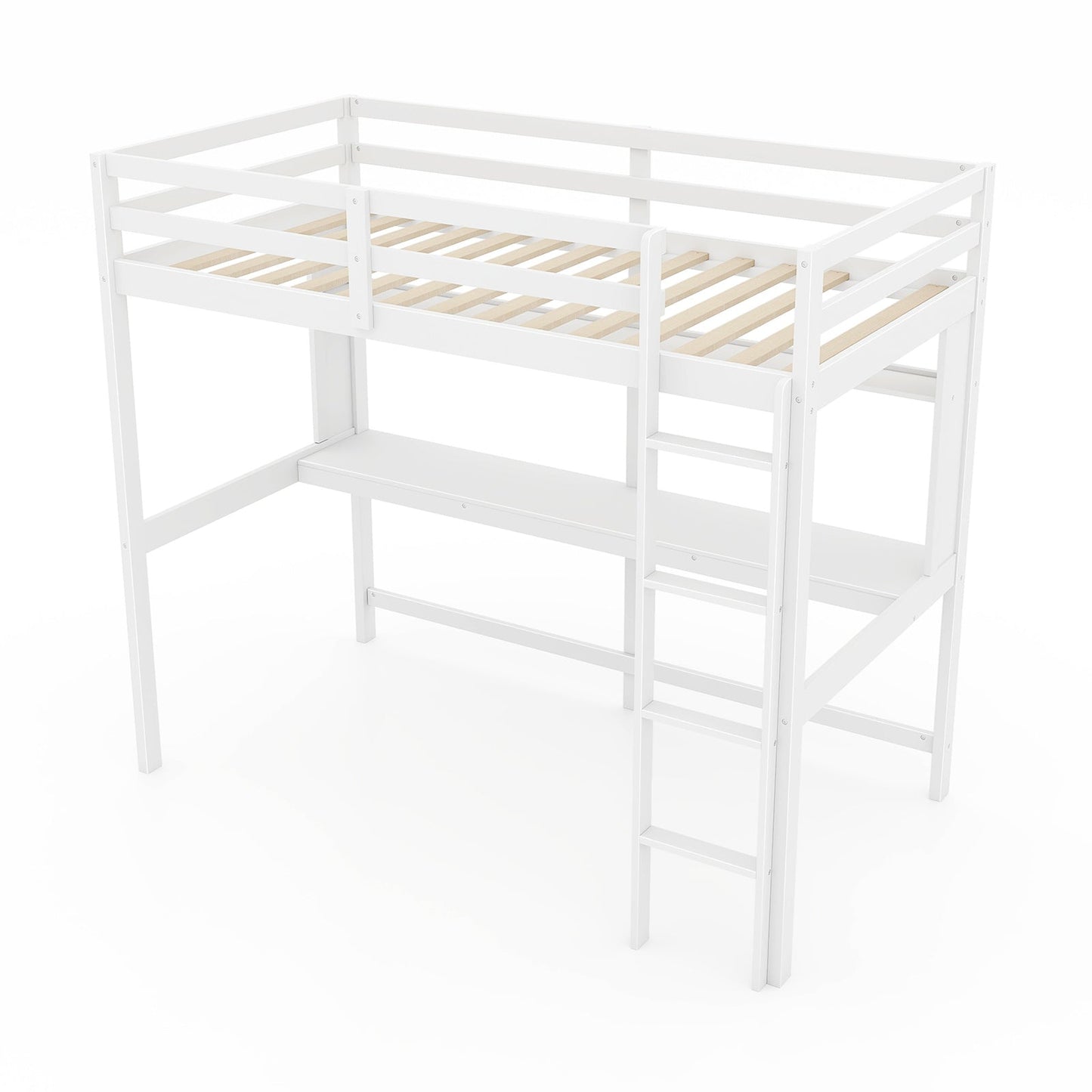 Twin Size Solid Wood Slatted Loft Bed Frame with Safety Guardrail for Kid-Brown