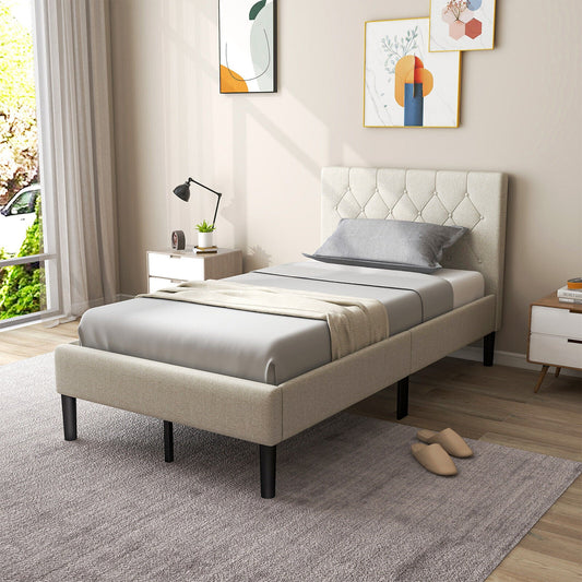 Twin Size Upholstered Platform Bed with Button Tufted Headboard-Beige - Tampa Home & Garden Store