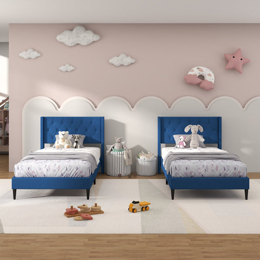 Twin Size Upholstered Platform Bed with Button Tufted Wingback Headboard-Blue - Tampa Home & Garden Store