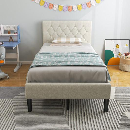 Twin Size Upholstered Platform Bed with Button Tufted Headboard-Beige - Tampa Home & Garden Store