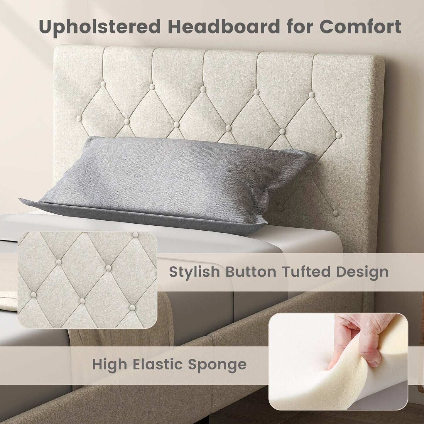 Cama de plataforma tapizada tamaño Twin con cabecero capitoné - Beige