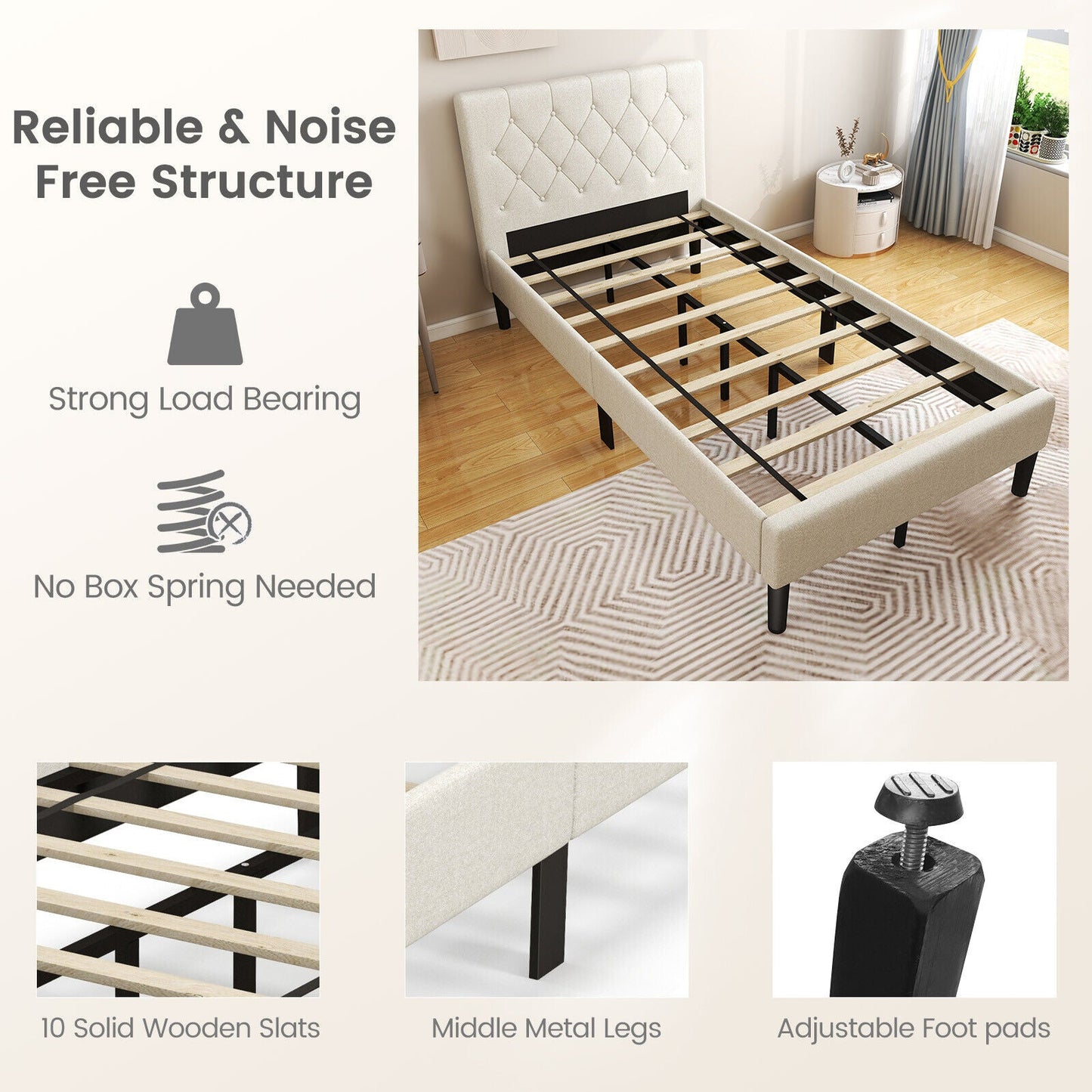 Cama de plataforma tapizada tamaño Twin con cabecero capitoné - Beige