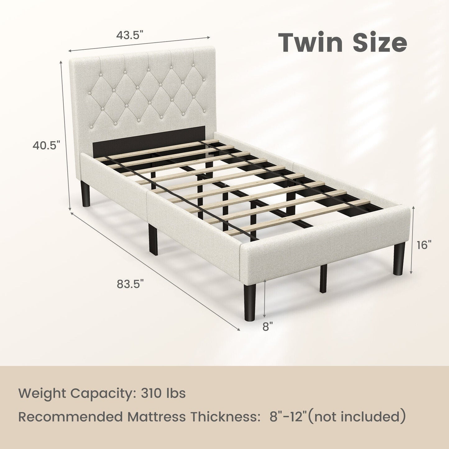 Cama de plataforma tapizada tamaño Twin con cabecero capitoné - Beige