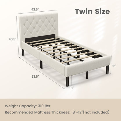 Cama de plataforma tapizada tamaño Twin con cabecero capitoné - Beige