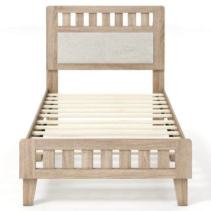 Twin Size Wood Bed Frame Upholstered Headboard