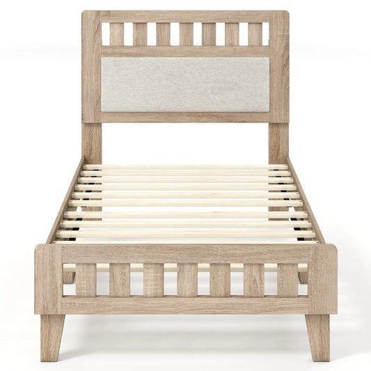 Twin Size Wood Bed Frame Upholstered Headboard