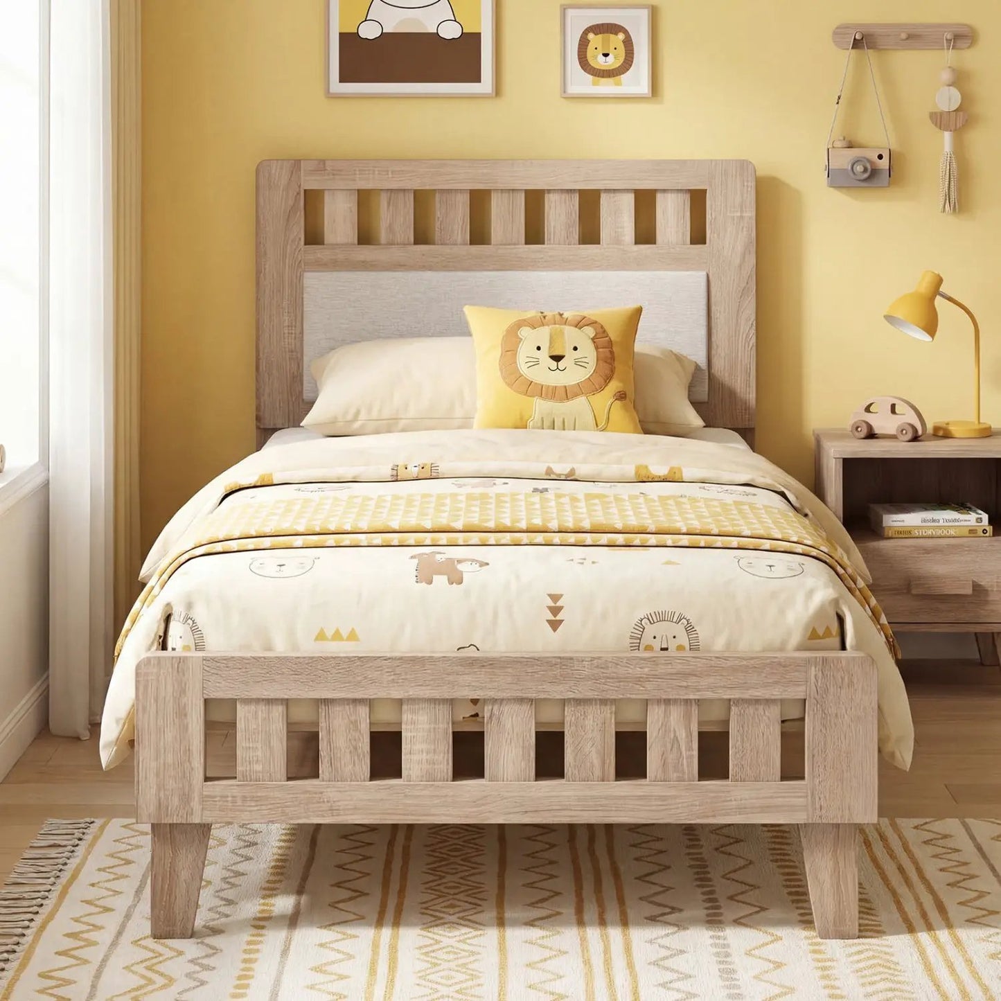 Twin Size Wood Bed Frame Upholstered Headboard