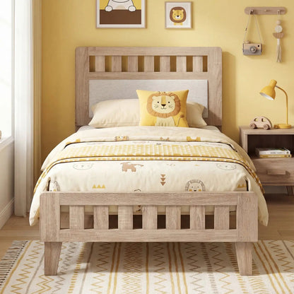 Twin Size Wood Bed Frame Upholstered Headboard