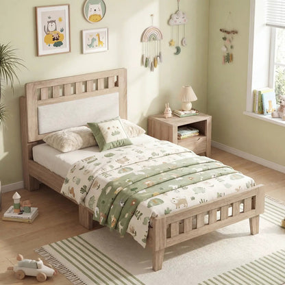 Twin Size Wood Bed Frame Upholstered Headboard