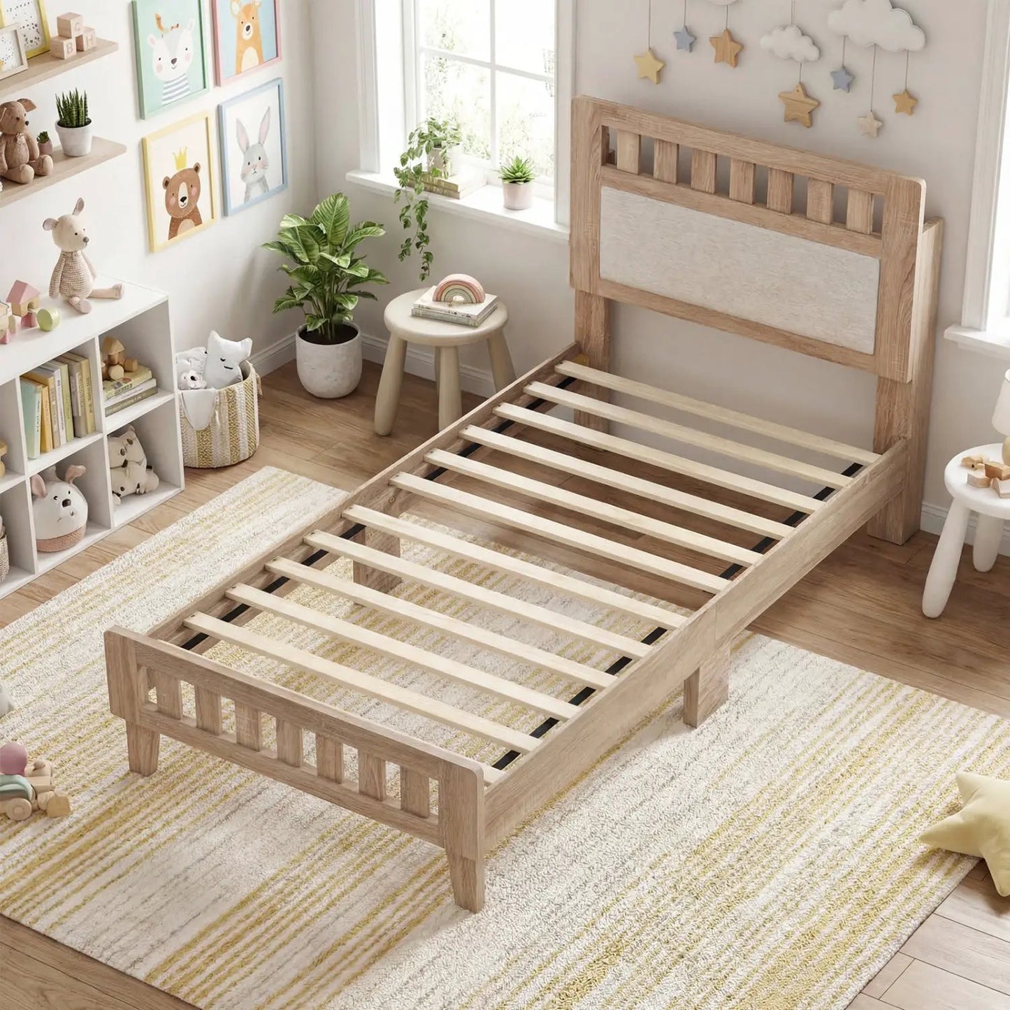 Twin Size Wood Bed Frame Upholstered Headboard