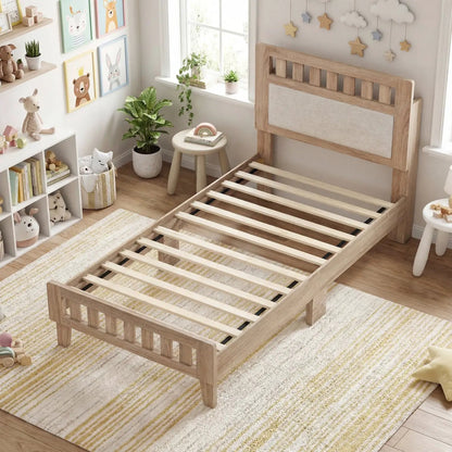 Twin Size Wood Bed Frame Upholstered Headboard