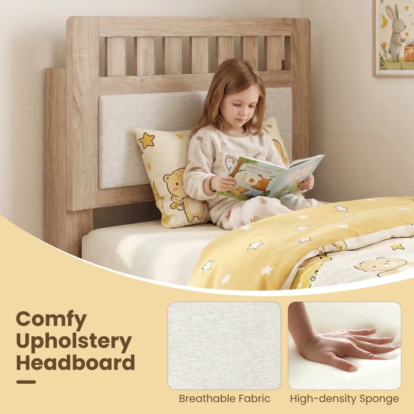 Twin Size Wood Bed Frame Upholstered Headboard