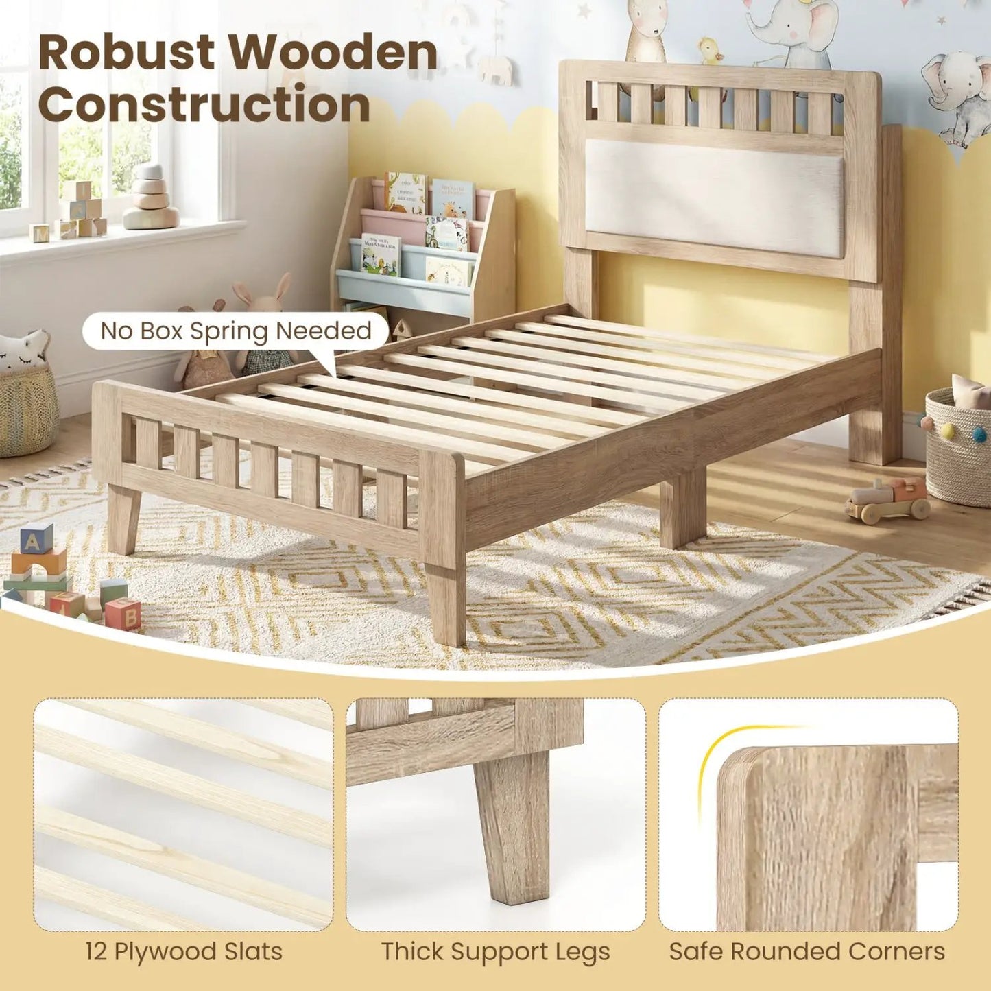 Twin Size Wood Bed Frame Upholstered Headboard
