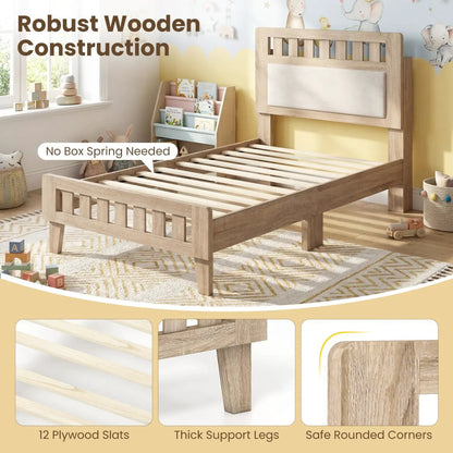 Twin Size Wood Bed Frame Upholstered Headboard