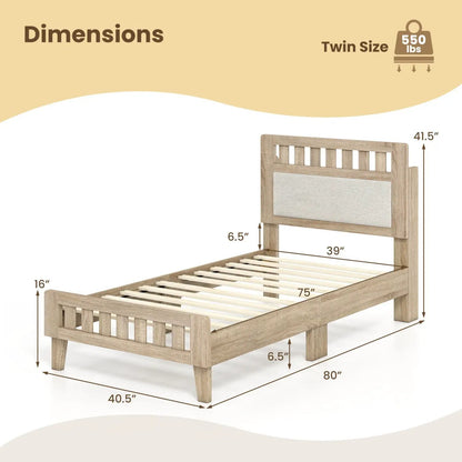 Twin Size Wood Bed Frame Upholstered Headboard