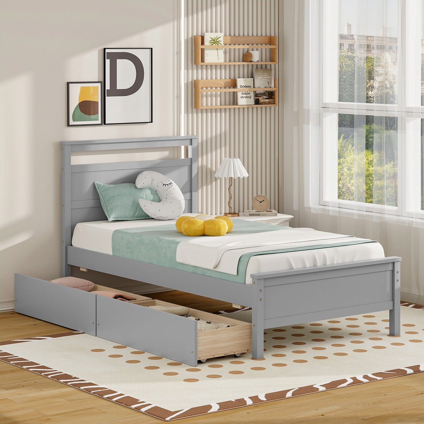 Estructura de cama individual de madera con 2 cajones para adolescentes y adultos - Gris