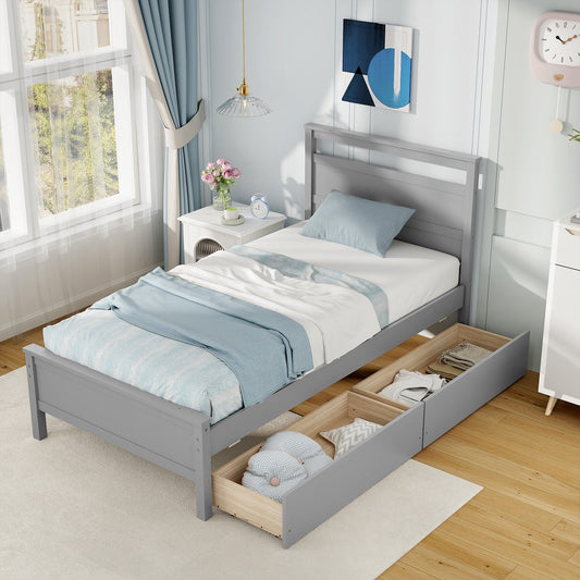 Twin Size Wooden Bed Frame with 2 Drawers for Teens and Adults-Gray - Tampa Home & Garden Store