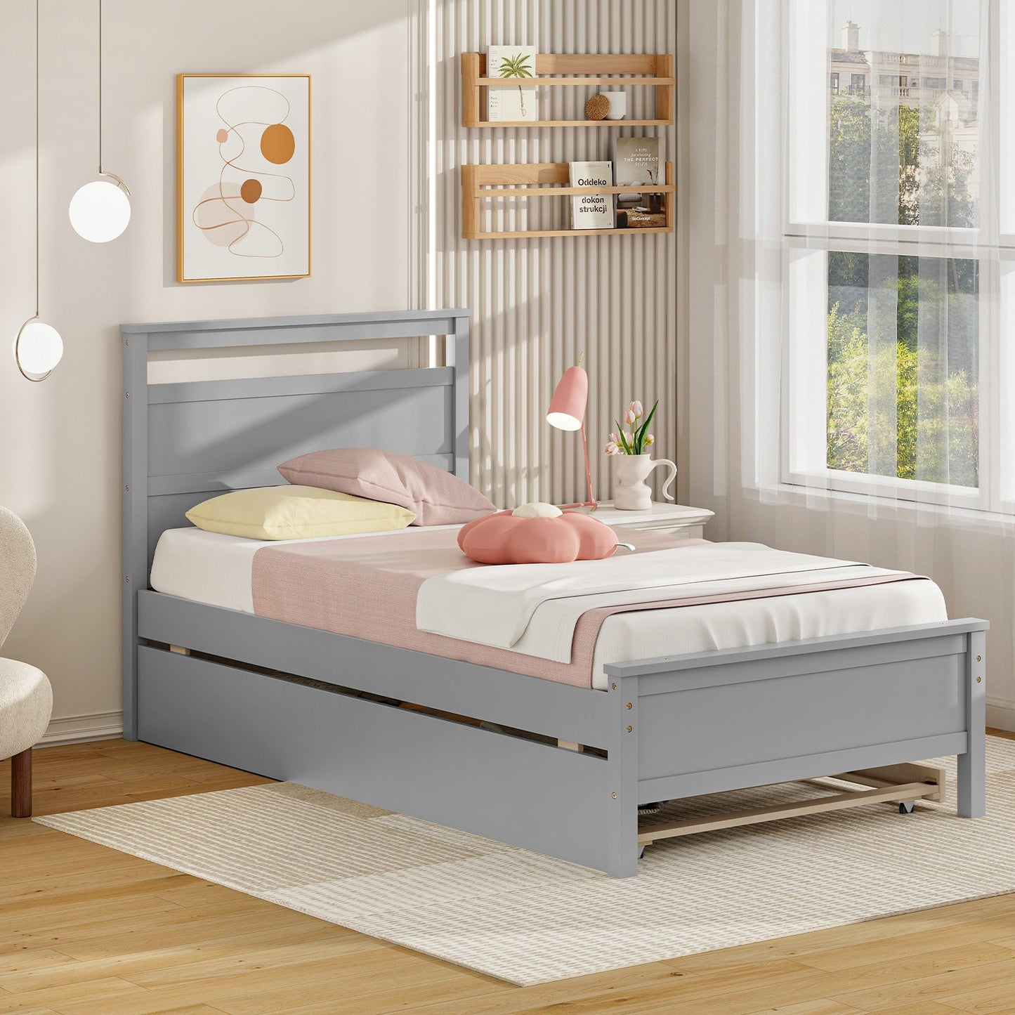 Estructura de cama individual de madera con 2 cajones para adolescentes y adultos - Gris