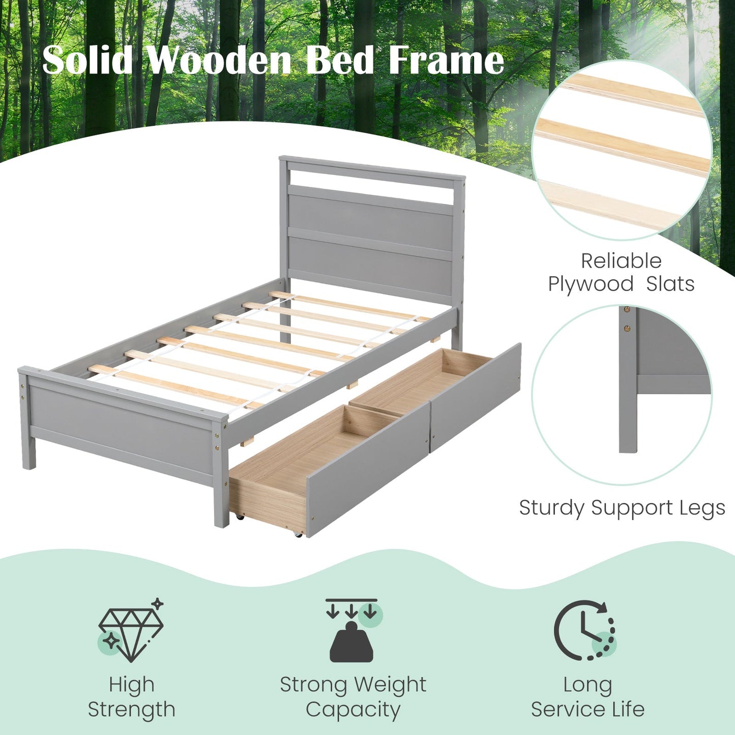 Estructura de cama individual de madera con 2 cajones para adolescentes y adultos - Gris