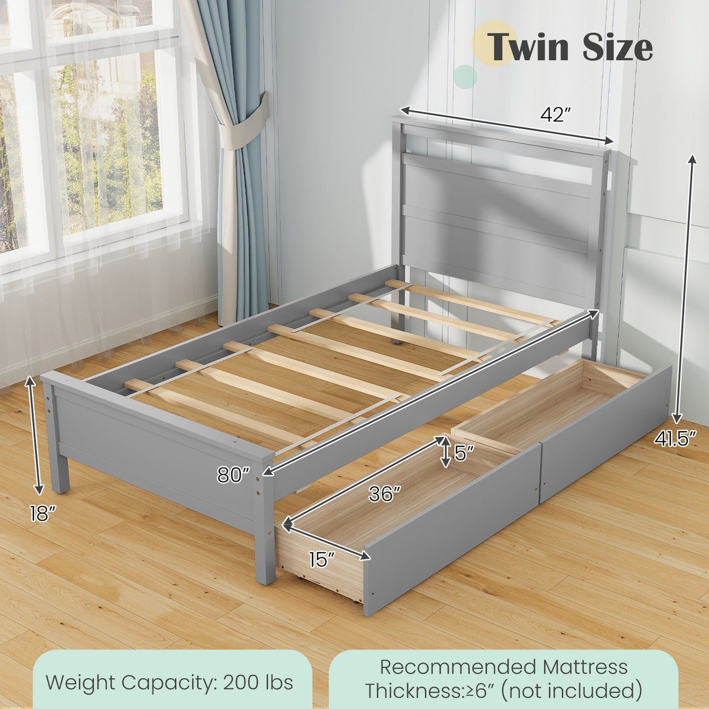 Estructura de cama individual de madera con 2 cajones para adolescentes y adultos - Gris