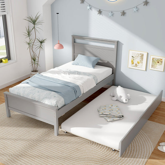 Twin Size Wooden Bed Frame with Trundle for Teens and Adults-Gray - Tampa Home & Garden Store