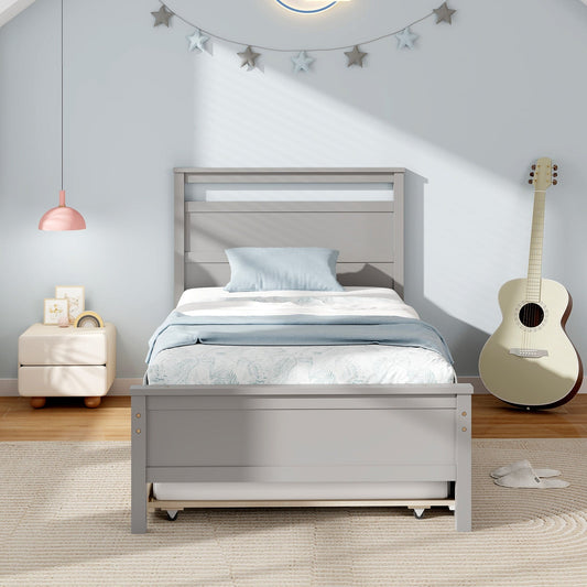 Twin Size Wooden Bed Frame with Trundle for Teens and Adults-Gray - Tampa Home & Garden Store