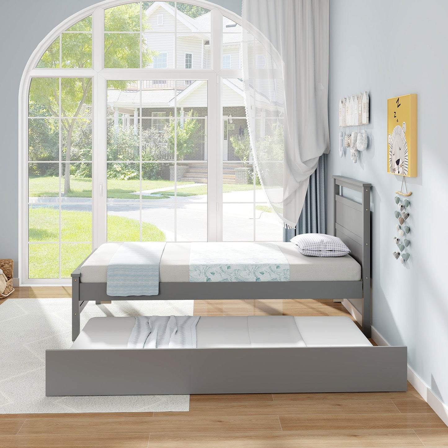 Estructura de cama individual de madera con nido para adolescentes y adultos - Gris