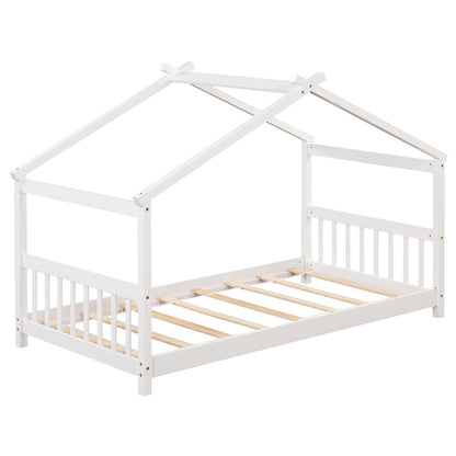 Cama de madera con forma de casa de tamaño individual con techo - Gris
