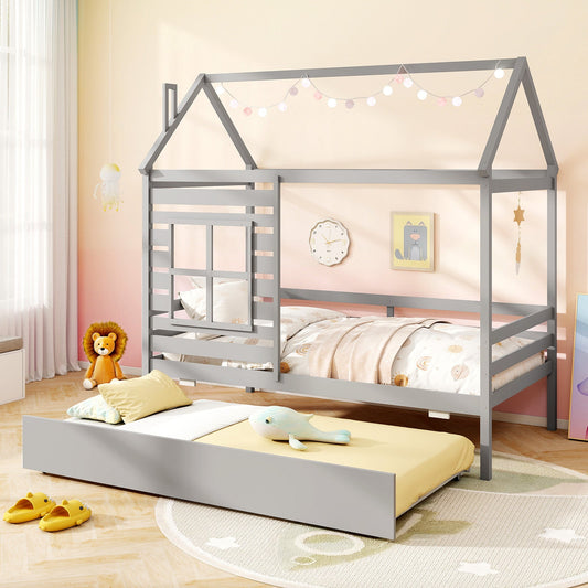 Twin Size Wooden Platform House Bed with Trundle and Roof-Grey - Tampa Home & Garden Store