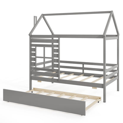 Cama Nido de Plataforma de Madera Tamaño Twin con Techo-Gris