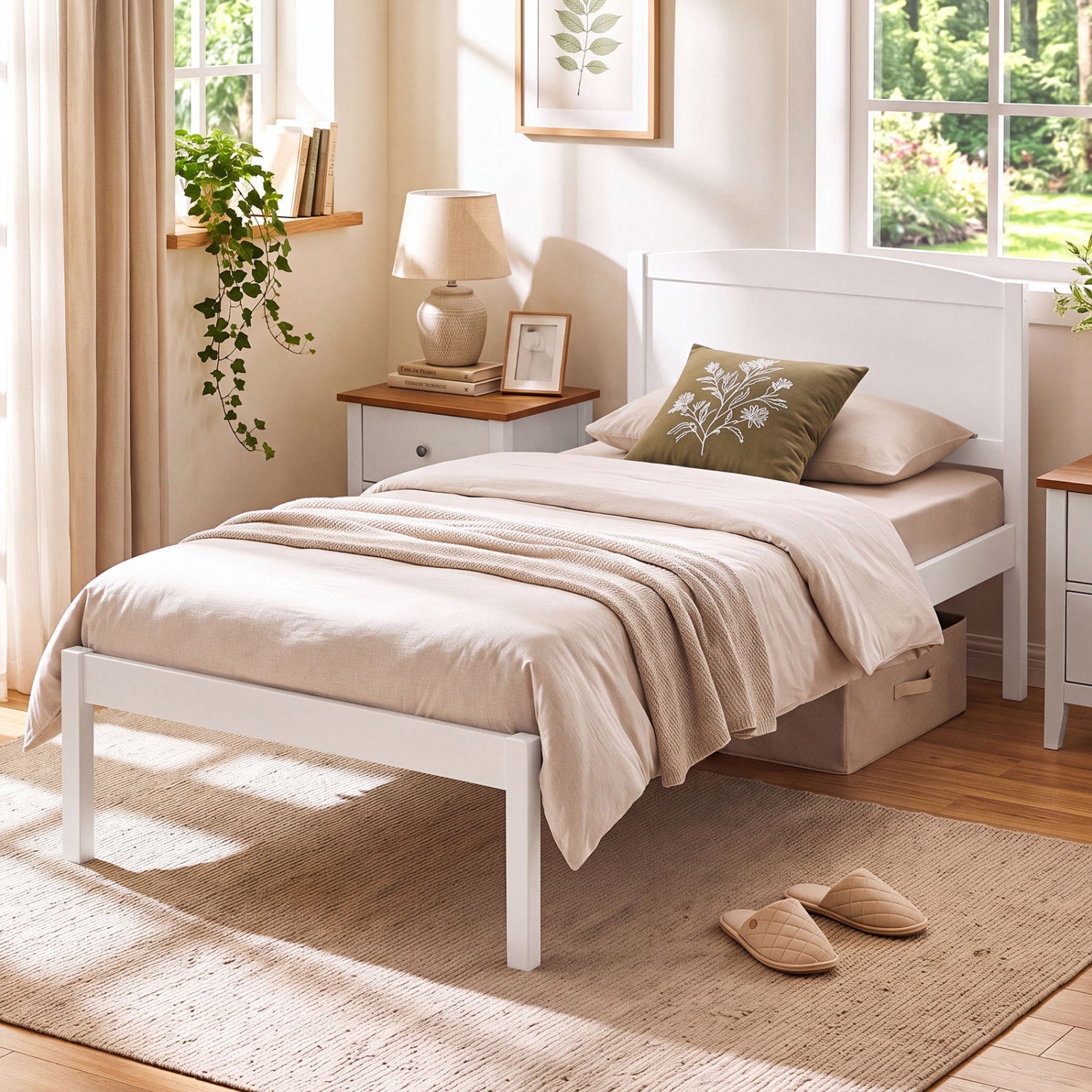 Twin Platform Bed Frame with Curved Headboard by DirectDeals, white and beige bedding in room on Tampa Home & Garden Store